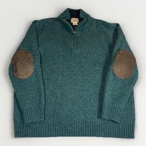 LL Bean Sweater Mens Large Wool Shetland Quarter Zip Elbow Patches Pullover